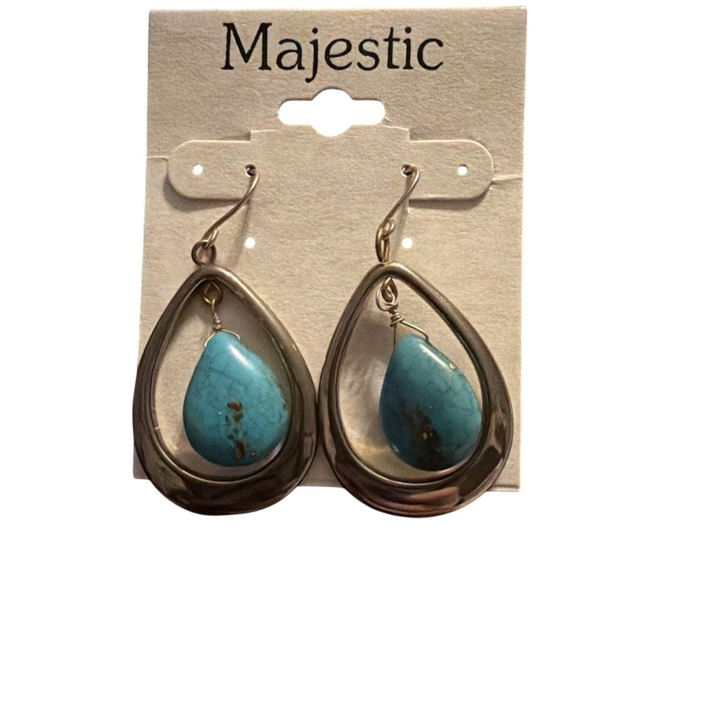 faux turquoise gold tone tear drop earrings 1.75" long - pre-owned---good